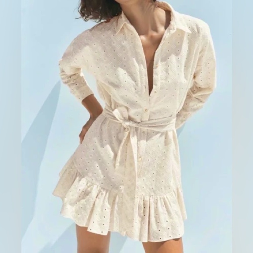Zara High Waisted Belted Beige Dress
